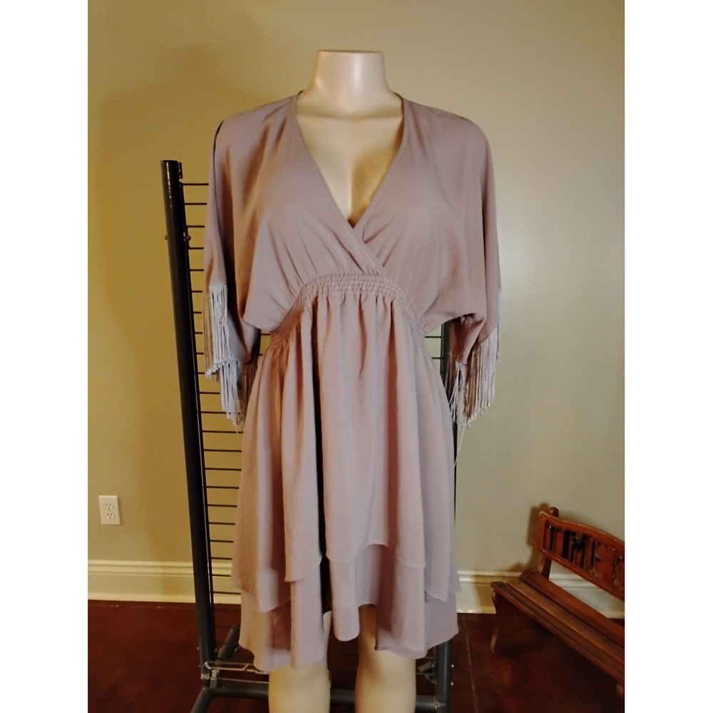 Hot & Delicious Mauve Boho Fringe Sleeve Smocked Waist Mini Dress THD1127 Small
